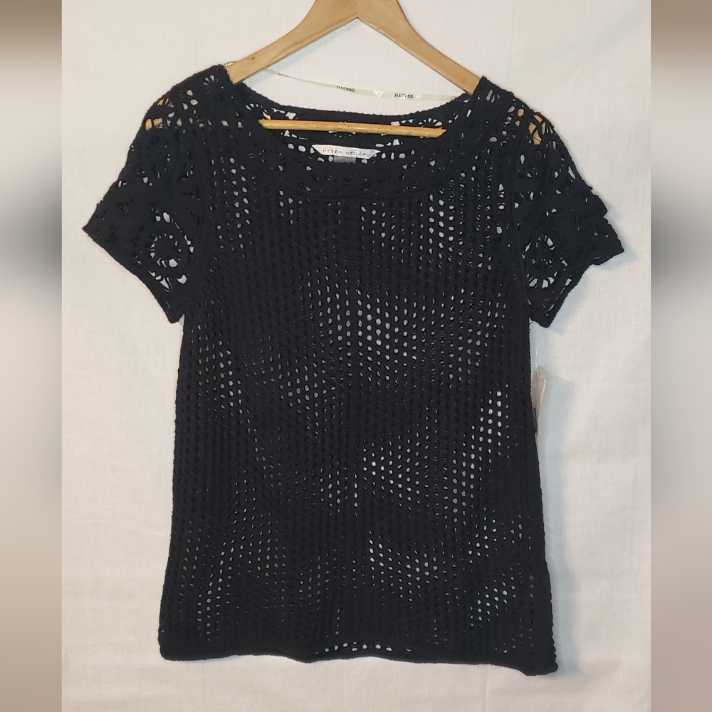 Peter Nygard Black Crochet Short Sleeve Top